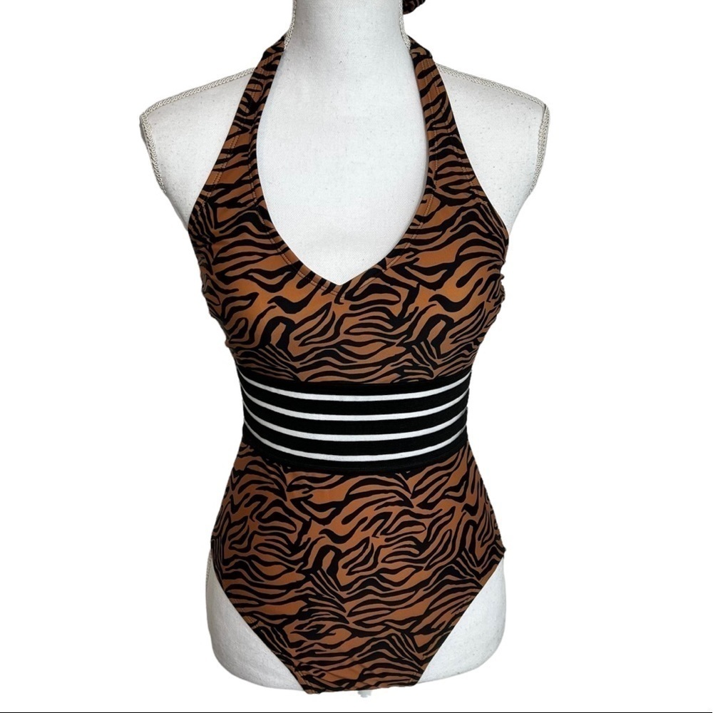 Cillet Zebra Brown Black Women One Piece Mesh Detail Brand New Size Small